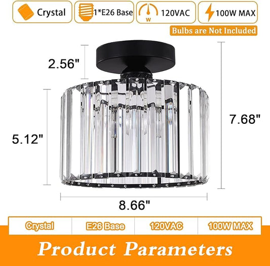 BUXVRCS Semi Flush Mount Modern Chandelier, Crystal Ceiling Light Fixture, Small Close to Ceiling Light for Living Room, Bedroom, Hallway, Bathroom, Kitchen, Entryway with E26 Base (Black)