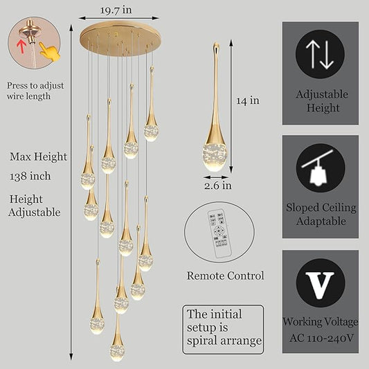 Modern Crystal Staircase Chandelier Gold 12-Lights, H120'' Large High Ceiling Spiral Dimmable LED Raindrop Foyer Entryway Light Fixture Remote Control