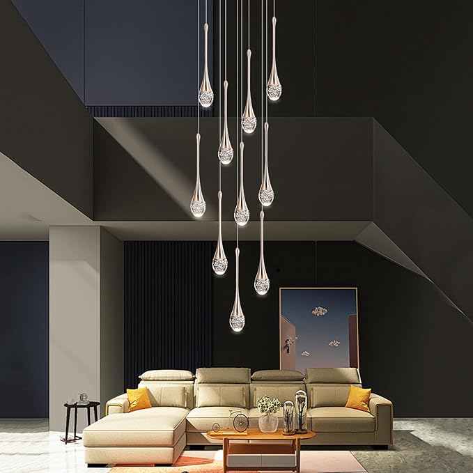 Modern Crystal Chandelier 9-Lights Gold, H98.5'' High Ceiling Spiral Dimmable LED Bubble Crystal Raindrop Light Fixture for Foyer Entryway Dining Room Remote Control