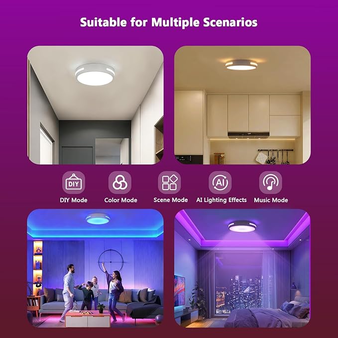 SOTTAE RGBIC LED Smart Flush Mount Ceiling Light, Flush Mount Light Fixture with Remote Control WiFi, Works with Alexa DIY Colors, 3000-5000K Dimmable Ceiling Light for Bedroom Living Room Entryway