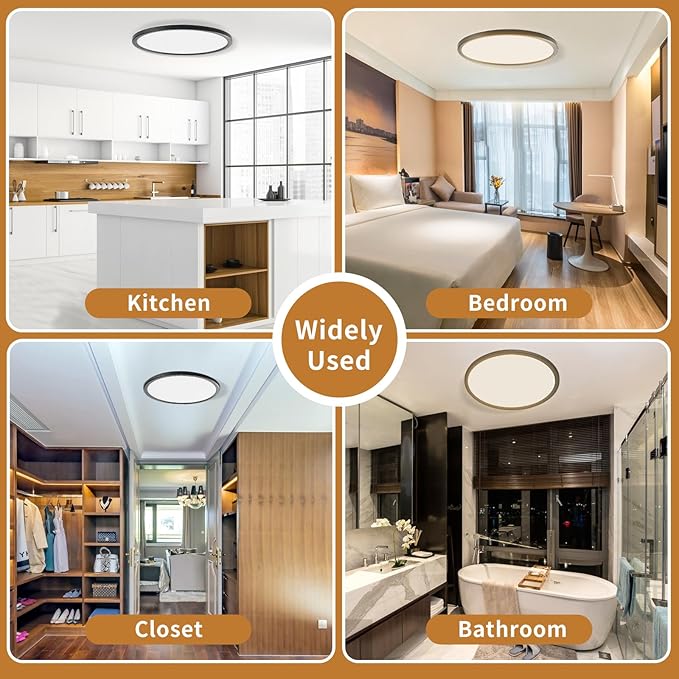 LED Flush Mount Ceiling Lights Dimmable 12Inch 3200LM 24Watt, 3000K 4500K 6000K, Low Profile Surface Mount Slim Light Fixtures Black, Thin Flat LED Panel Lights for Bedroom Bathroom Hallway, 4 Packs