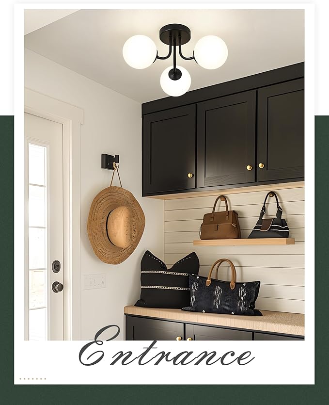 3-Globe Black Flush Mount Ceiling Light in a Modern Farmhouse Design is Ideal for Living Rooms, Bedrooms, or Dining Rooms. Model:CKCL4845-3W-BK,(Bulb Incl)