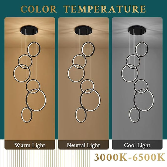 6 Rings Modern LED Chandelier for High Ceiling Dimmable Black Contemporary Pendant Light Fixture Long Foyer Chandelier for Entryway Staircase Dining Room Living Room, 3000-6500K