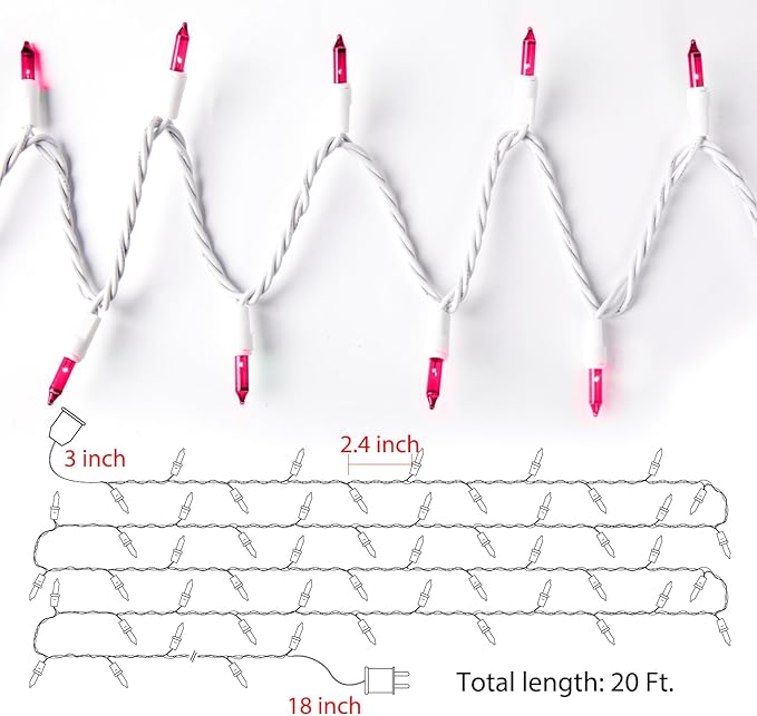Christmas Pink Mini String Lights - 100 Count 25 Feet Detachable Incandescent Bulb Waterproof Fairy Lights Plug in for Indoor Outdoor Party Patio Xmas Tree Valentine's Day Decoration, White Wire