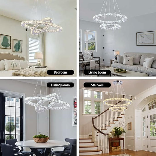 LED Chandelier Modern Contemporary 2 Rings Pendant Light Adjustable Stainless Steel Crystal Ceiling Lighting Fixture for Bedroom Living Room Dining Room (Warm White)