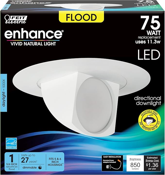 Feit Electric 5-6 inch Adjustable Scoop Recessed LED Downlight, 5000K Daylight, Dimmable, 75W Equivalent, 45 Year Life, 850 Lumen, High CRI, LEDR56SCP/950CA