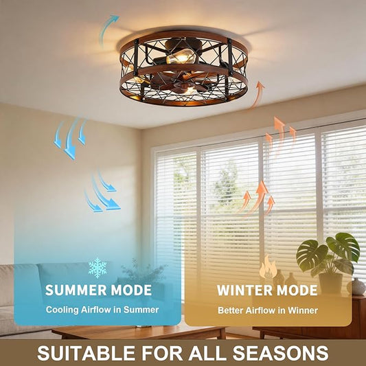 REDSTAR Flush Mount Caged Ceiling Fan with Lights, 20" Small Bladeless Ceiling Fans with Remote, Rustic Low Profile Ceiling Fans Quiet Reversible Enclosed Ceiling Fan for Bedroom Kitchen Farmhouse