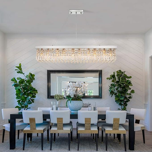 7PM Rectangle K9 Crystal Chandelier Modern Rectangular Pendant Light Fixture for Dining Room Kitchen Island Chrome L47 x W10 x H10