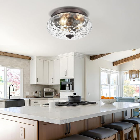 Darkaway Large Ceiling Light Fixtures, 3-Light Flush Mount Ceiling Light with Water Ripple Glass Shade for Indoor Outdoor Hallway Kitchen Bedroom Porch Living Room Oil-Rubbed Bronze Finish