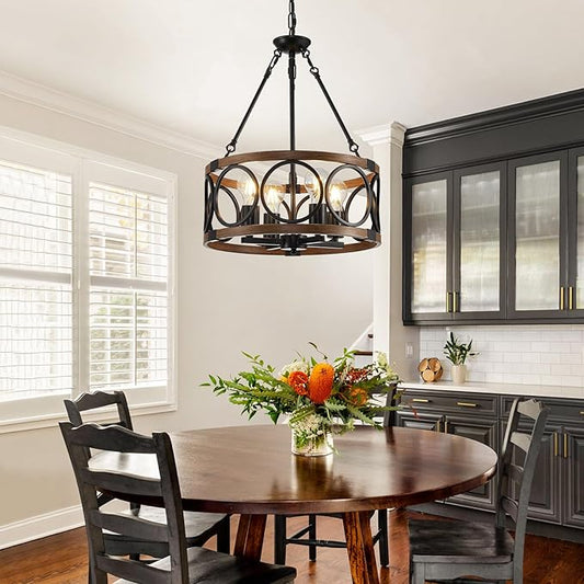 16'' Farmhouse Chandelier, 4-Light Walnut Wood Grain Dining Room Light Fixture Over Table, Rustic Industrial Drum Hanging Pendant Lights Fixture for Kitchen Island Bedroom Hallway Foyer Entryway