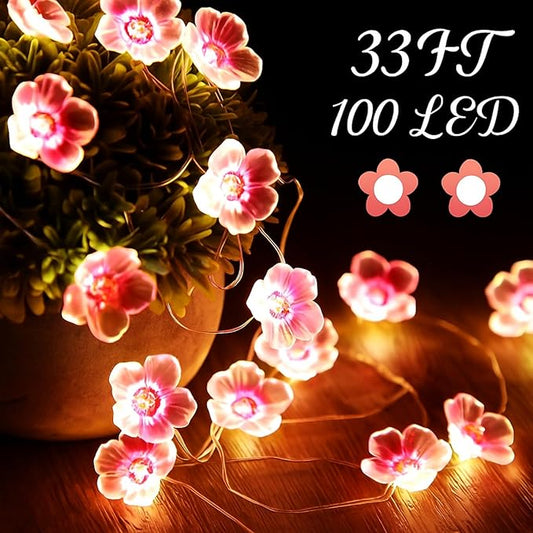 Mudder 33FT 100 LEDs Cherry Blossom Flower Fairy String Lights with Remote, USB & Battery Operated Pink String Lights for Bedroom, Indoor Outdoor Party Wedding Decoration