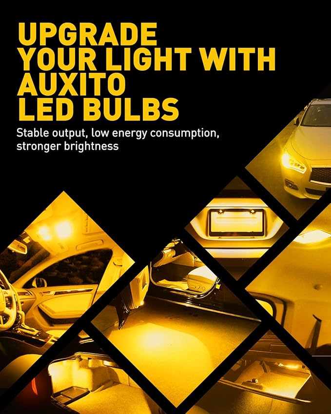 AUXITO 194 LED Light Bulb Amber Yellow 168 2825 W5W T10 Wedge 14-SMD LED Replacement Bulbs for Car Dome Map Door Courtesy License Plate Parking Light, Pack of 10