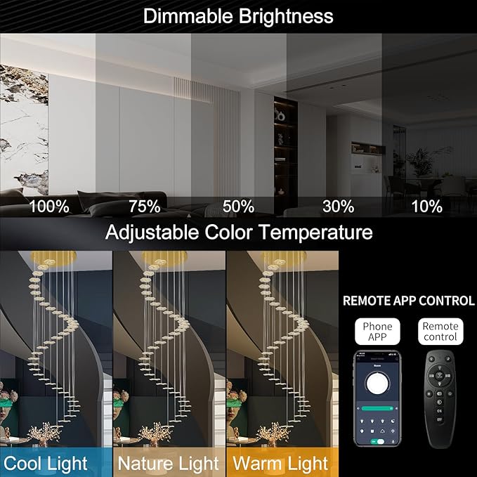 ziidoo High Ceiling Chandelier - 38-Light Dimmable Modern Gold Long Spiral Luxury Linear Lotus Leaf Led Lamp Hanging Pendant Lights for Foyer Enterway Staircase Villas