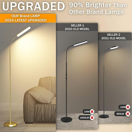 marctronic Gold Floor Lamp, 18W 1800LM Bright LED Floor Lamps for Living Room Bedroom, Dimmable Timing Eye Caring Reading Standing Lamp with Remote & Works with Smart Plug