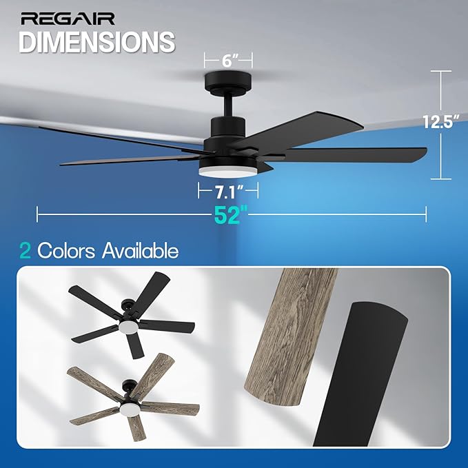 Ceiling Fan with Light 52-Inch, Remote Control Reversible DC Motors, 3CCT Dimmable Timer Noiseless, Black Ceiling Fan for Bedroom Living Room, Indoor&Outdoor ETL Listed