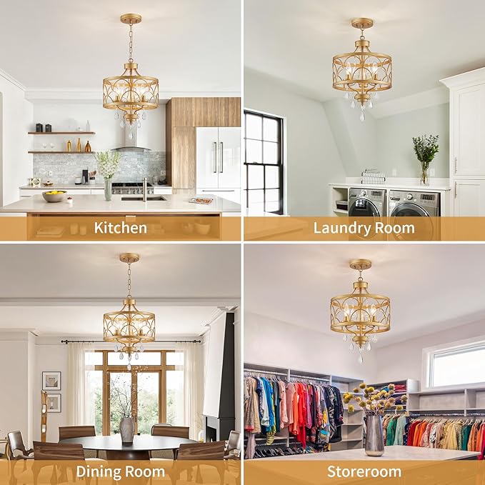 Small Crystal Chandelier, Modern Gold Crystal Chandeliers for Dining Room, Rustic Farmhouse Round Ceiling Pendant Light Fixture for Living Room, Entryway, Hallway, Bedroom, Bathroom