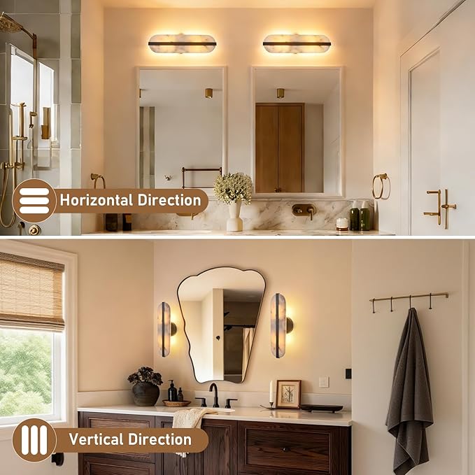 15.7" Natural Alabaster Wall Sconces Marble Wall Sconces Black Bathroom Vanity Wall Light Fixtures Modern Oval Stone Wall Lamp for Bedroom Living Room Hallway Restaurant