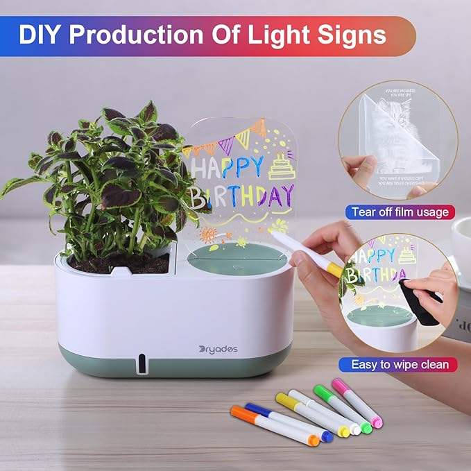 Self-Watering Plant Pot with LED Note Board & 7 Colors Pen Acrylic Message Board with Light Acrylic Dry Erase Board, Led Cat Board Night Light with Planting Pot for Children's Day Gifts(No Plant&Seed)