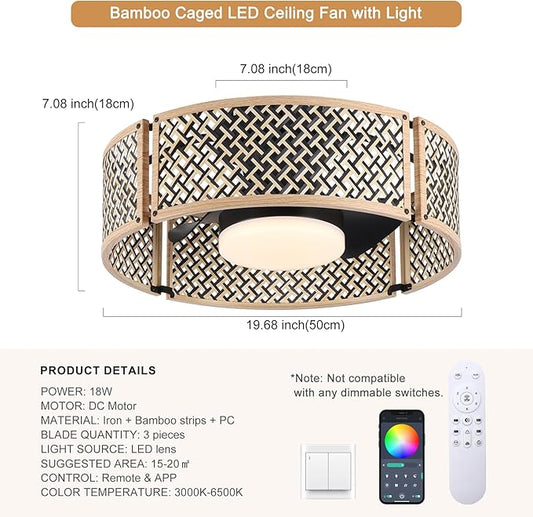 Ganeed 20" Boho Caged Fandelier with Lights, 18W Dimmable LED Rattan Ceiling Fan with Lights and Remote Control, Enclosed 6 Speeds/RGB Low Profile Bamboo Fan Light for Bedroom, Living Room, Kitchen