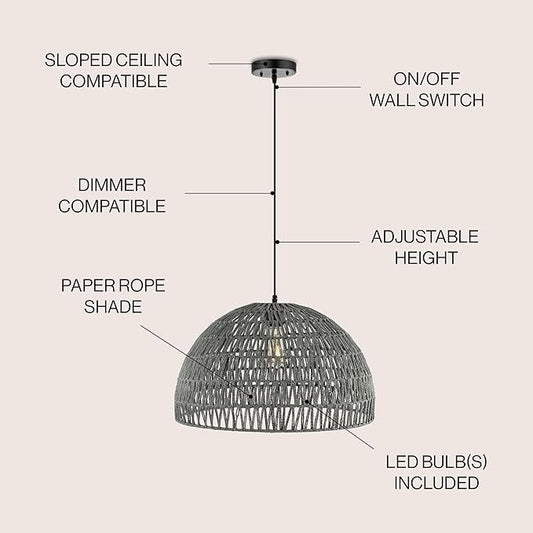 JONATHAN Y 20" Gray Modern Bohemian Woven Rope LED Pendant Light Fixture, Adjustable Dome Ceiling Lamp for Kitchen Island, Rope Shade, Coastal Farmhouse Decor (JYL6504D)