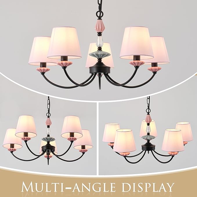 Pink Chandelier for Bedroom Light Fixture,Art Deco Chandelier with Fabric Shade,Antique Modern Chandeliers paired with Ceramic,Black Chandelier for Girls Bedroom,Living Room,Dining Room