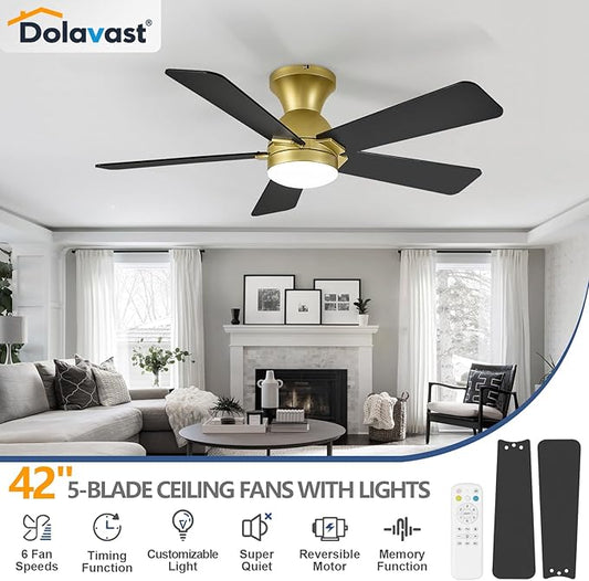 Ceiling Fans with Lights, 42 Inch Low Profile Ceiling Fan with Light and Remote Control, Flush Mount, Reversible, 3CCT, Dimmable LED, Quiet, Gold Ceiling Fan for Bedroom, Kitchen