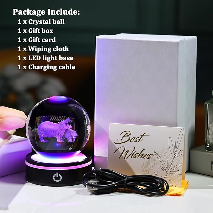 YWHL 3D Hippo Crystal Ball Figurine with LED Base Laser Hippopotamus Gifts for Women Men on Christmas Birthday Decorative Hippo Ball Glass Hippopotamus Globe for Home Decor (80mm)