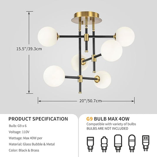 6-Light Rotatable Glass Bubble Ceiling Lights, Modern Flushmount Light Fixture for Dining Room, Bedroom, D20 * H15.5 inch, Milk Glass Bubble & Black & Gold Finish