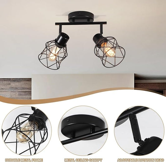 2 Lights Adjustable Multi-Directional Black Light Fixtures, Semi Flush Mount Ceiling Light, Kitchen Light Fixtures Ceiling Mount, Geometric Metal Cage Industrial Spotlight Fixtures for Dining Room