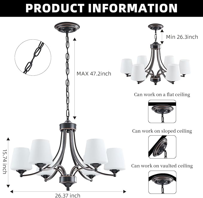 6-Light Farmhouse Chandeliers Black and Gold Dinner Room Light with Frosted Glass 47.2" Adjustable Pendant Ceilling Lighting Rustic Vintage Hanging Lamp for Kitchen Island Dining Table Living Room