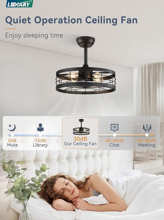 LEDIARY 18 inch Black Caged Ceiling Fan with Light, Bladeless Industrial Ceiling Fan with Remote, Farmhouse Fan Lights Ceiling Fixtures for Kitchen, Bedroom, Outdoor(6 Speed, Timing)-Black