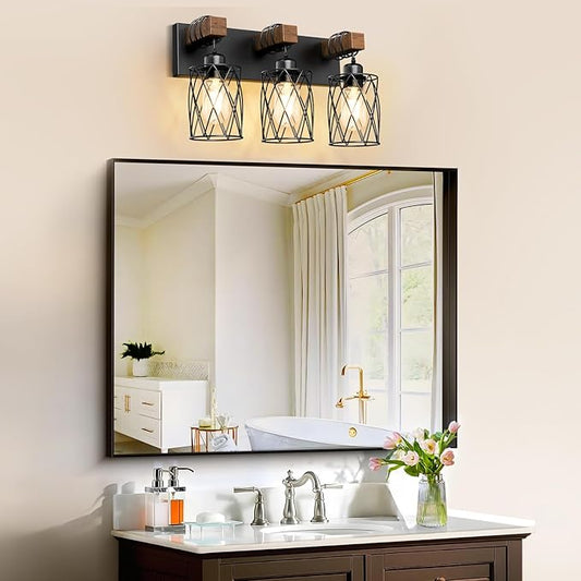 IZORRO Farmhouse Bathroom Vanity Light, 3-Light Wood Bathroom Light Fixtures Over Mirror, Black Industrial Vanity Lights with Metal Shade, Rustic Restroom Lighting Fixtures