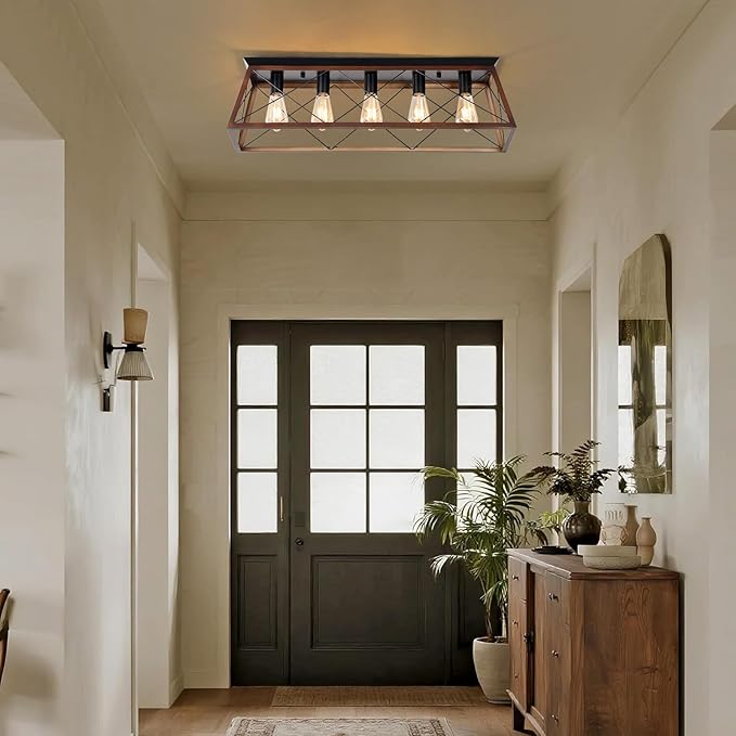 31.5" Flush Mount Ceiling Light, 5-Light Industrial Vintage Chandelier with Matte Black & Brushed Bronze Finish, Large Close to Ceiling Lighting for Dining Room, Kitchen Island, Living Room, Hallway