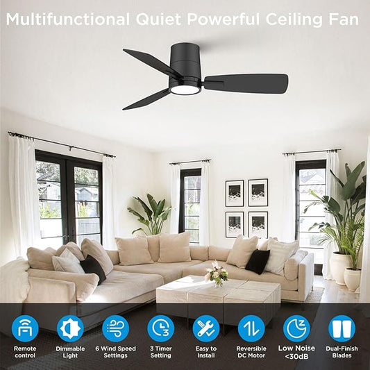Ceiling Fans with Lights,42 inch,Quiet Reversible Motor,Easy to Install,6 Speeds,Dimmable,Timer, Black Modern Ceiling Fan for Living Room, Bedroom, Kitchen, Dining room, Office