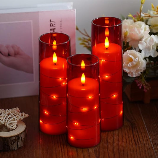 Flameless Candles,with Embedded Star String, Battery Operated Candles Flickering LED Pillar Candles with Remote Control and Timer, Home Decoration Add a Warm and Romantic Atmosphere,Set of 7 (Red)