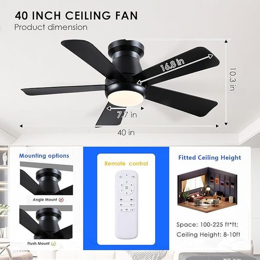 Ceiling Fan with Light, 40" Black Flush Mount Ceiling Fans with Remote Control,3CCT Dimmable LED, ABS 5-Fan Blades,Reversible Motor,Quiet Low Profile Indoor fandeliers for Bedroom Living Room
