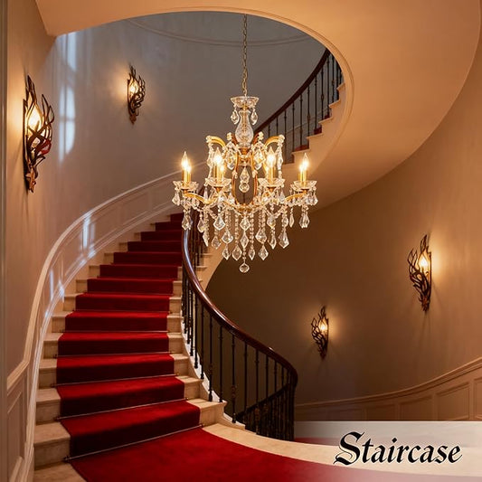 Antique Gold Crystal Chandeliers, Candle Pendant Ceiling Light Fixture 8-Lights Luxury Polished Golden Bronze Crystal Chandelier Adjustable Chain for Dining Living Room Foyer Hallway