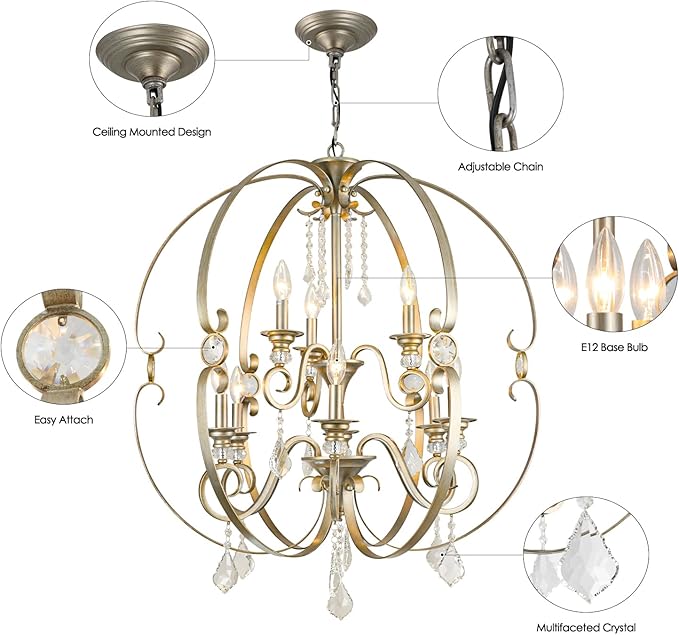 Farmhouse Crystal Chandeliers for Dining Room Light Fixture,2 Tier 9 Light 30 Inch Antique Silver Sphere Bronze Chandelier for Living and Dining Areas,Living Room,Staircases,Entryways