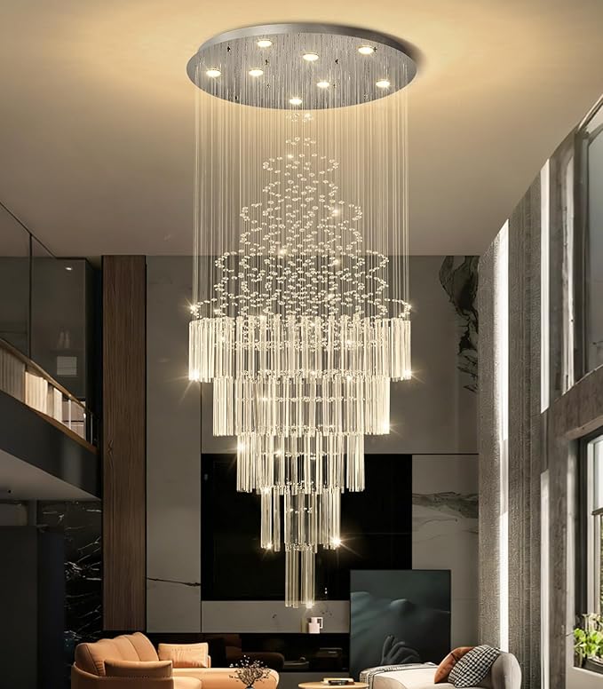 HAIXIANG W24 x H78 Crystal Glam Chandelier Long Light Chandeliers with Dimmable Light Bulbs High Ceiling Light Fixtures for Foyer Entryway Living Room Stair Silver