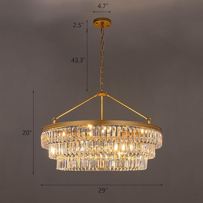 TOCHIC Gold Crystal Chandelier for Bedroom, 29" Modern Farmhouse Chandelier Light Fixture for Dining Living Room, Adjustable Round Hanging Chandelier for Kitchen Island, Foyer, Entryway