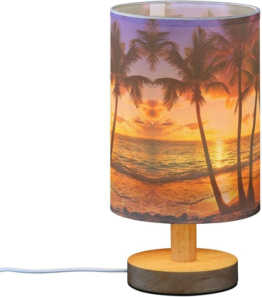 Coconut Palm Tree Sunset Ocean Tropical Island Table Lamp with Wood Base Fabric Lamp Shade Bedside Nightstand Desk Lamp for Living Room Bedroom Kids Room Office