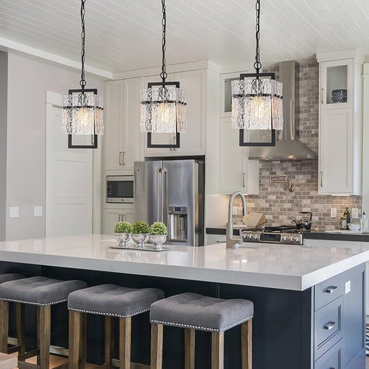 Modern Black Pendant Lights Kitchen Island, Crystal Kitchen Island Lighting with Water Ripple Glass Pendant Light Fixtures Elegant Chandeliers for Dining Room Hallway, Height Adjustable UL Listed