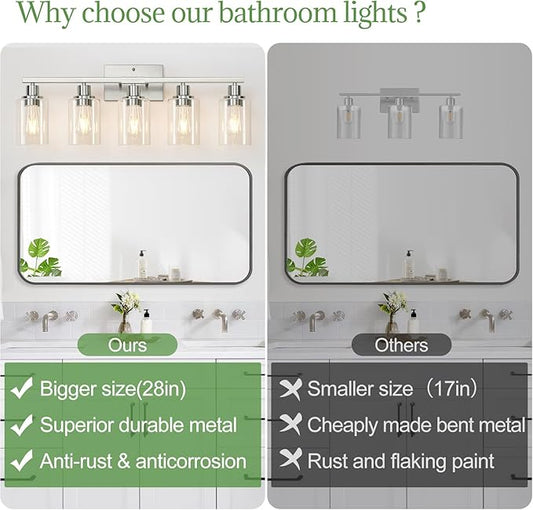 MOKATNG 5-Light Bathroom Light Fixtures, Vanity Light with Clear Glass Shades, Brushed Nickel Bathroom Light Fixtures Over Mirror, Modern Bathroom Wall Lamp for Mirror Living Room Cabinet Bedroom