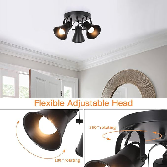 3-Light Industrial Track Lighting, Adjustable Round Kitchen Ceiling Light, Morden Black Flush Mount Directional Light for Kitchen, Hallway, Dining Room, Bathroom, Coffee Bar.