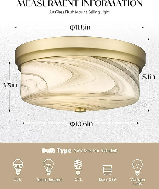 Flush Mount Ceiling Light, 12inch Close to Ceiling Light Fixture, Metal Gold Finish with Handmade Grey Marble Glass Art Shade for Living Bedroom Room Hallway Kitchen