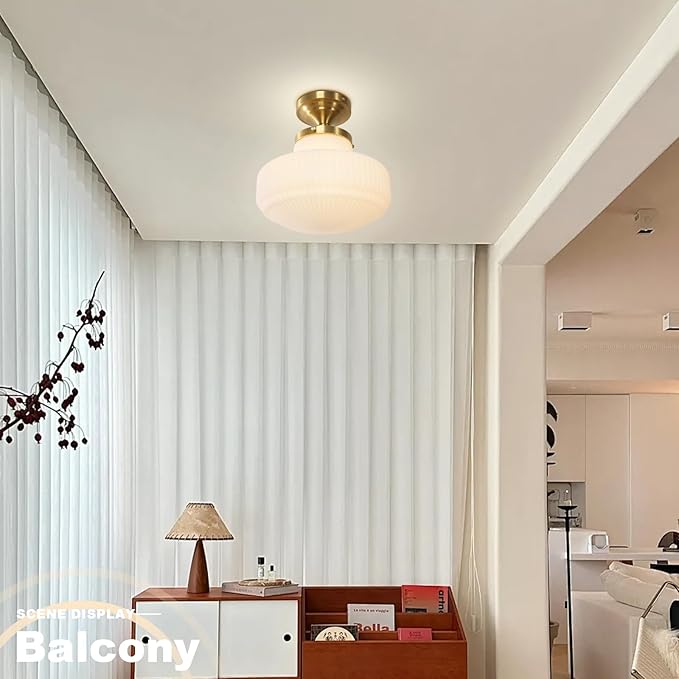 White Glass Semi Flush Mount Ceiling Light, Mid Century Modern Gold Ceiling Lamp Farmhouse Close to Ceiling Light Fixture for Bedroom Kitchen Entryway Hallway