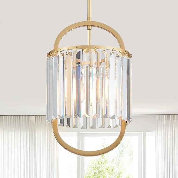 1-Light Modern Small Crystal Chandelier, Mini Gold Pendant Lighting 9.4" Crystal Lamp for Closet Bedroom Foyer Living Room Dining Room Bar