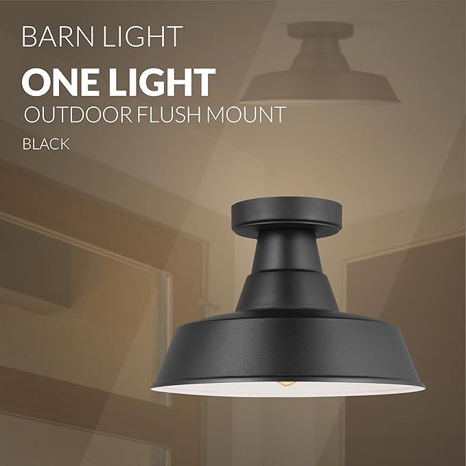 Generation Lighting 7837401-12 1-Light Barn Light Outdoor Ceiling Lamp Black 7837401-12, Flush Mount Ceiling Light Fixture for Home Decor, Farmhouse Outdoor Light Fixture Can Use LED Light Bulbs