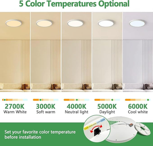 15.8 Inch Dimmable LED Flush Mount Ceiling Light, 32W, 3480LM, 3000K/3700K/4000K/5000K/6000K, Round Flat Panel Low Profile Ceiling Light Fitures for Hallway, Kitchen, Bedroom, 1PK White