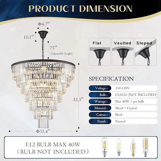 Large Black Crystal Chandelier 36" Round Chandeliers for Staircase Modern 22 Lights 7-Tier Luxury K9 Crystal Ceiling Pendant Lighting Fixture for High Ceiling Living Room Foyer